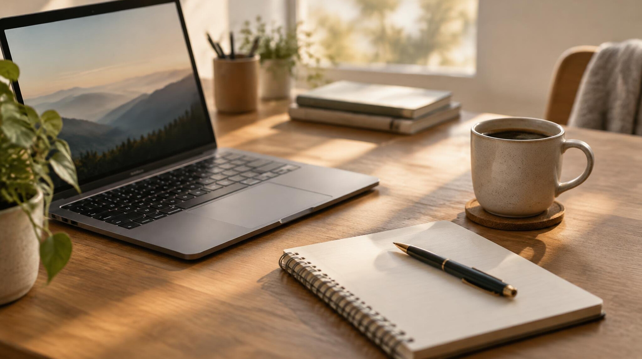 Notebook and laptop on a calm wooden desk with warm light