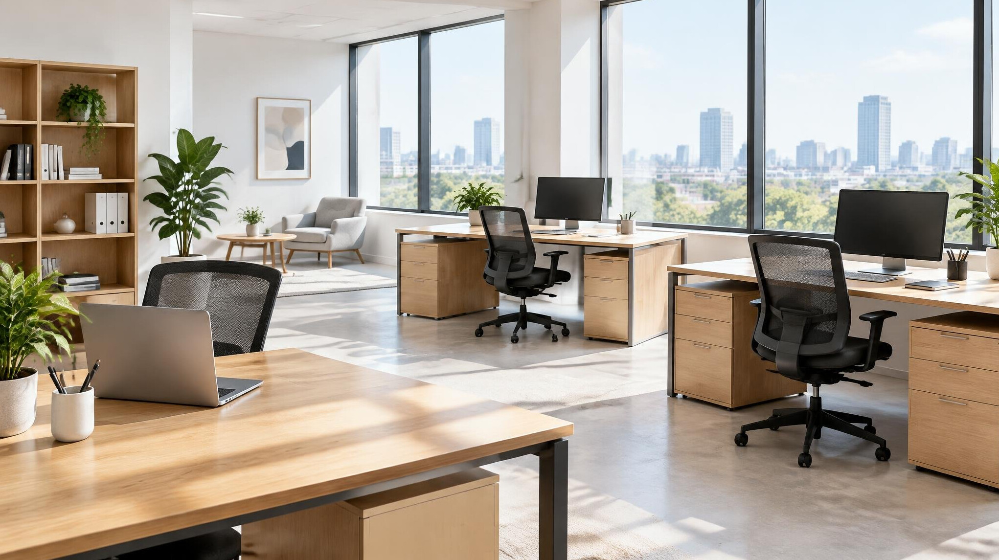 Bright minimalist office with desks and large windows