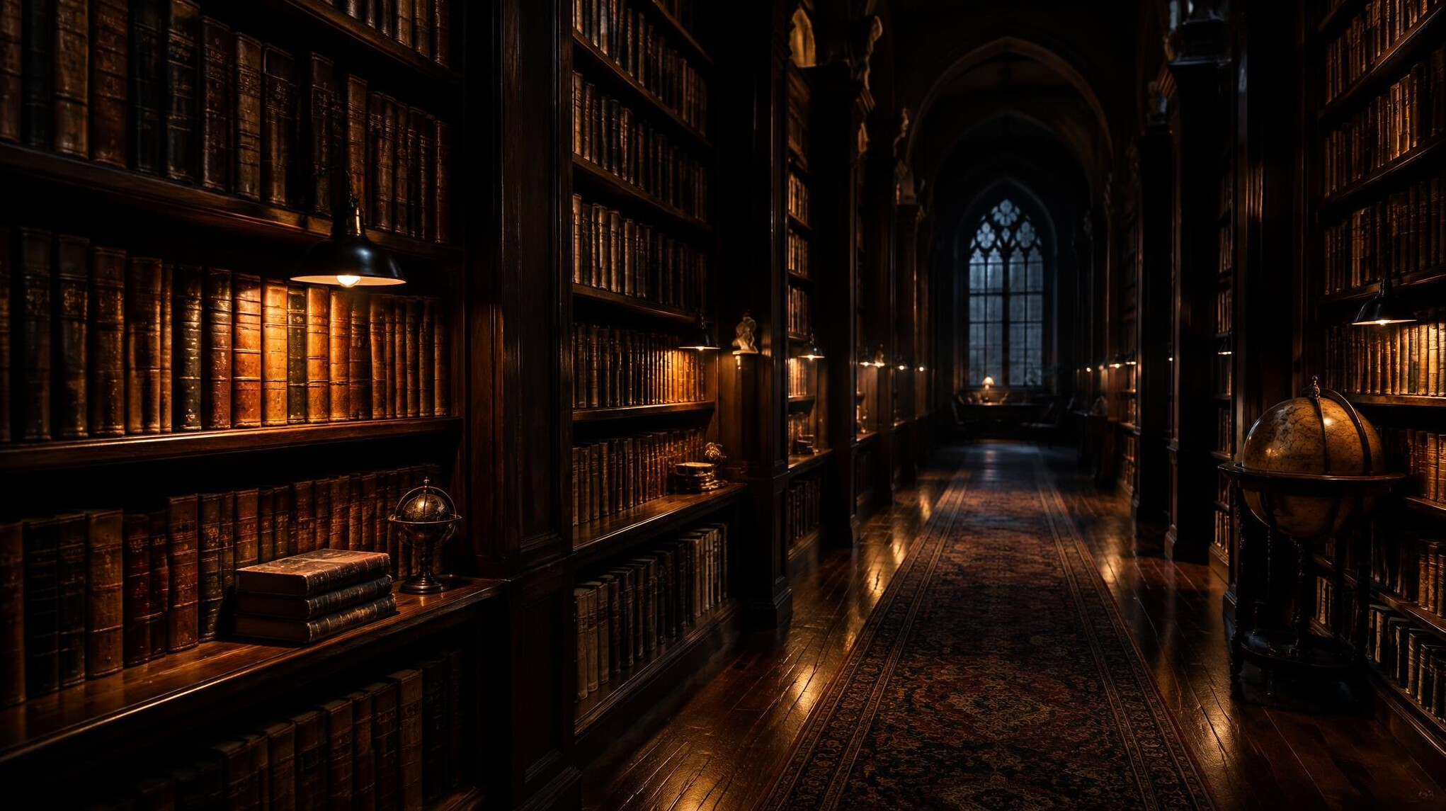 Dark moody library with rows of books
