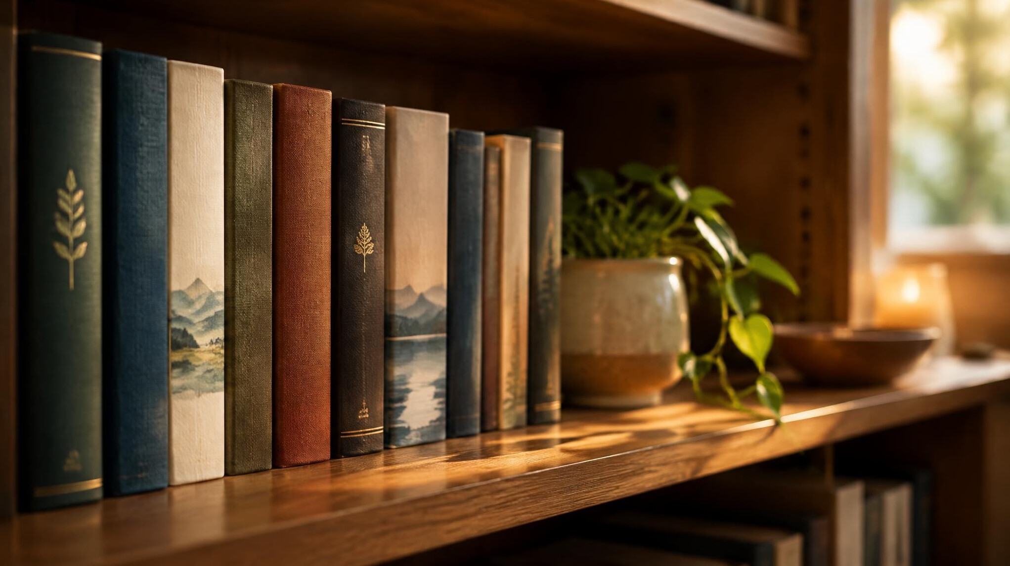 Stack of books on a shelf in soft light