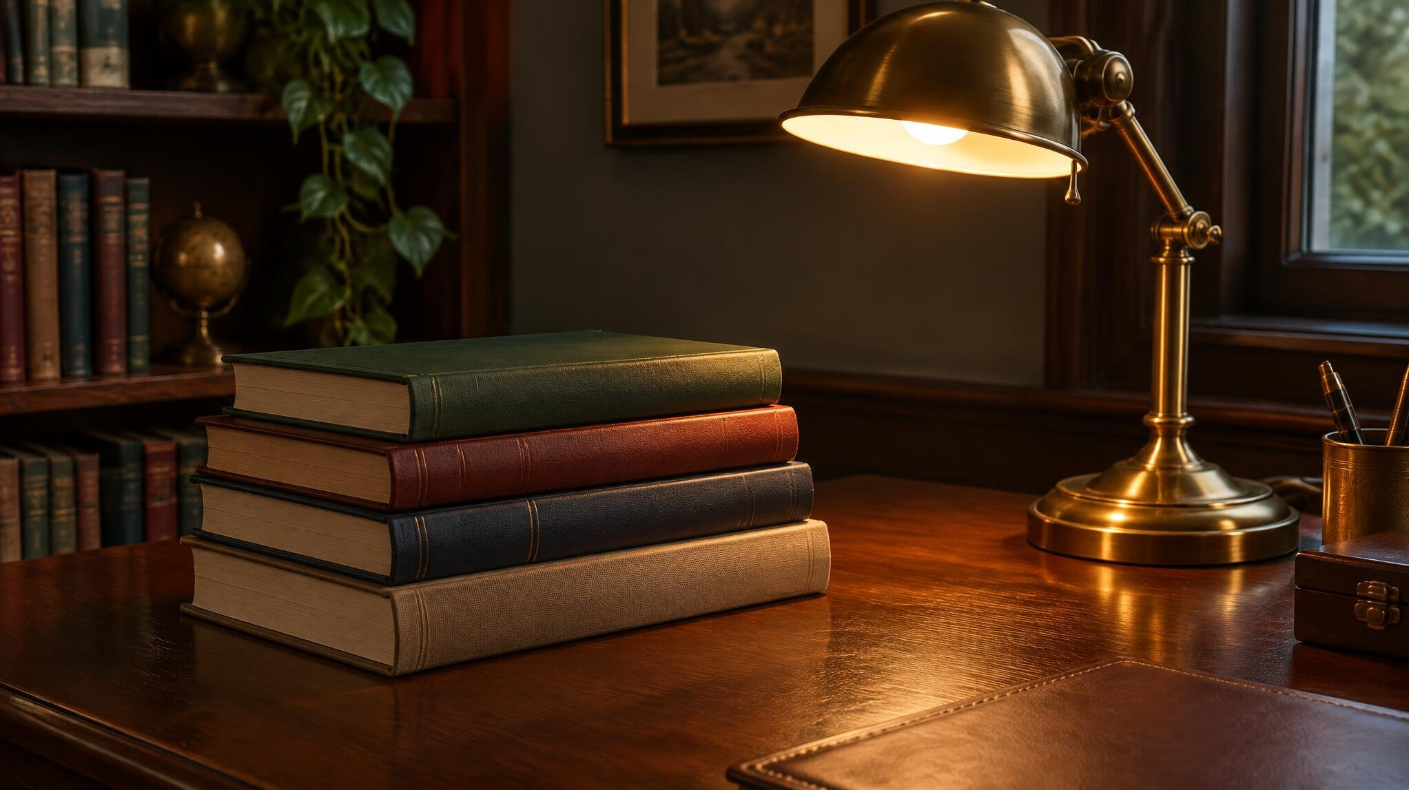 Stack of books next to a lamp on a desk