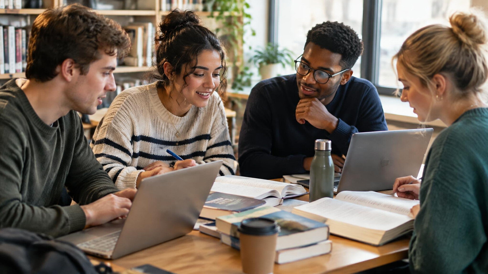 Young people studying together around a table