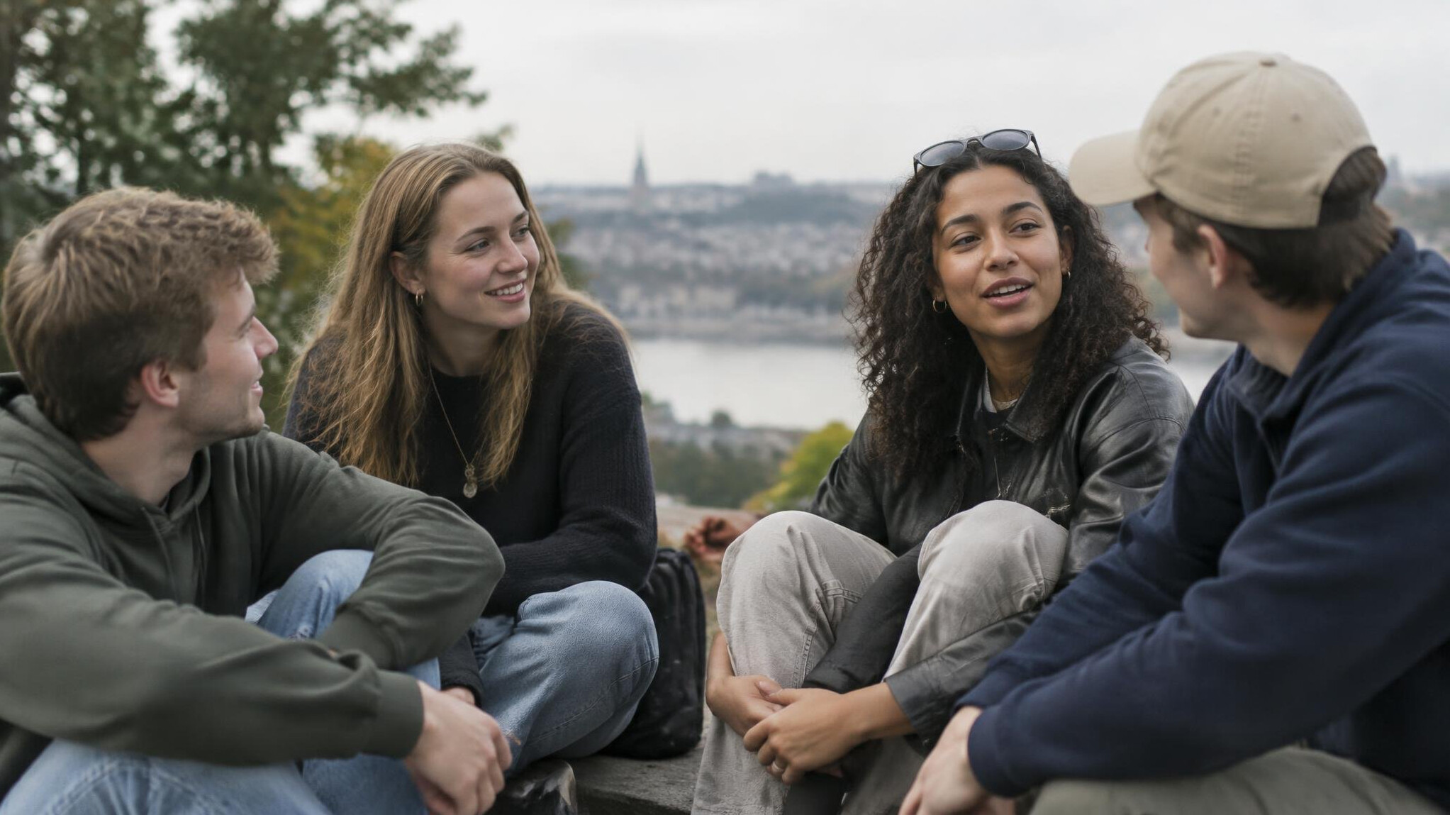 Group of friends sitting together outdoors in conversation