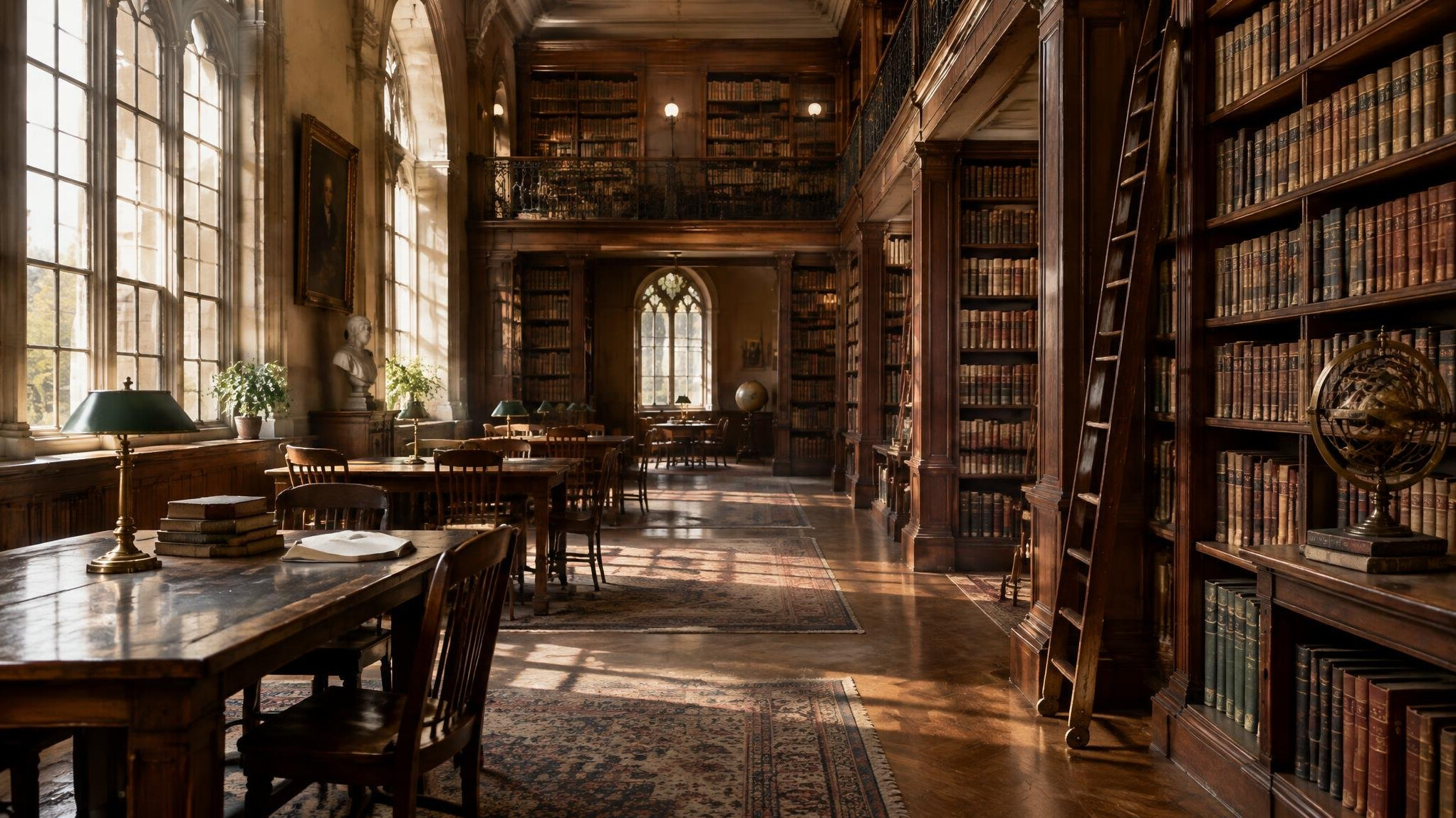 Quiet historic library with tall wooden shelves and warm light
