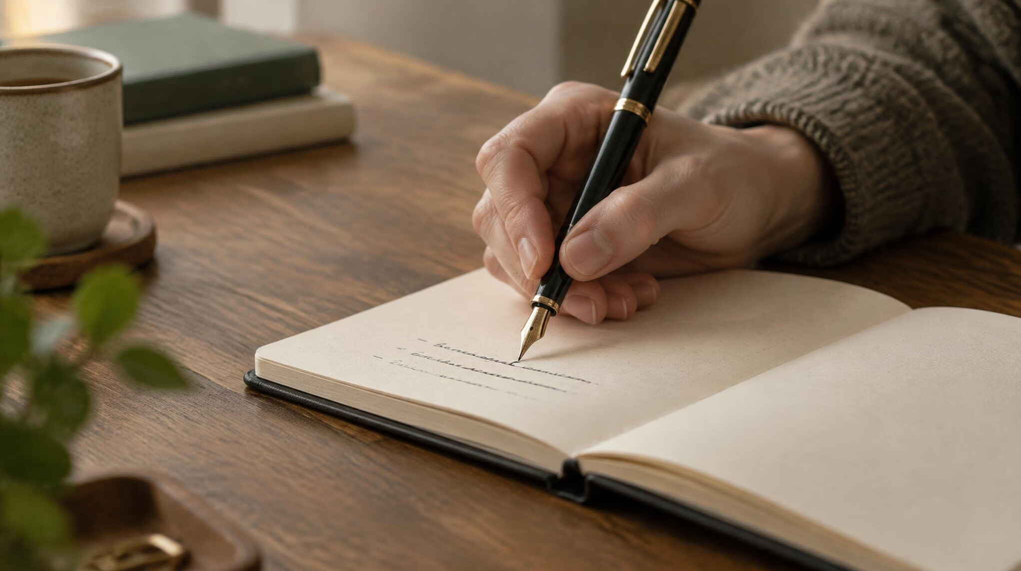 Hand writing notes in a notebook with a pen