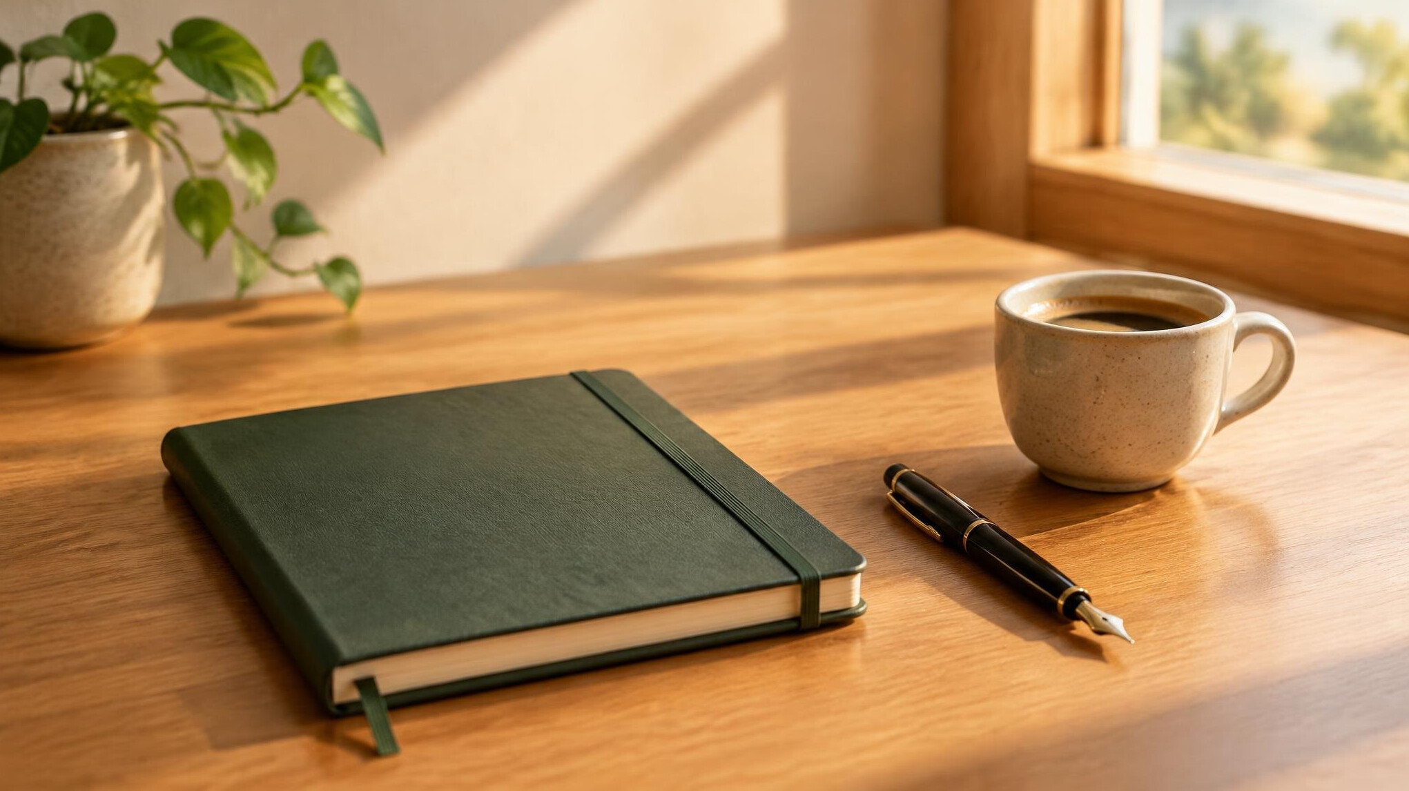 Notebook, pen and coffee cup on a quiet desk