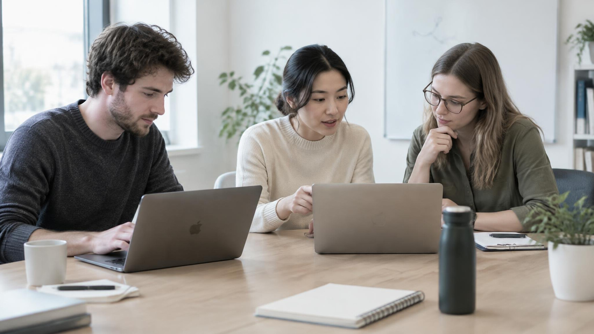 Colleagues working together on laptops at a shared table