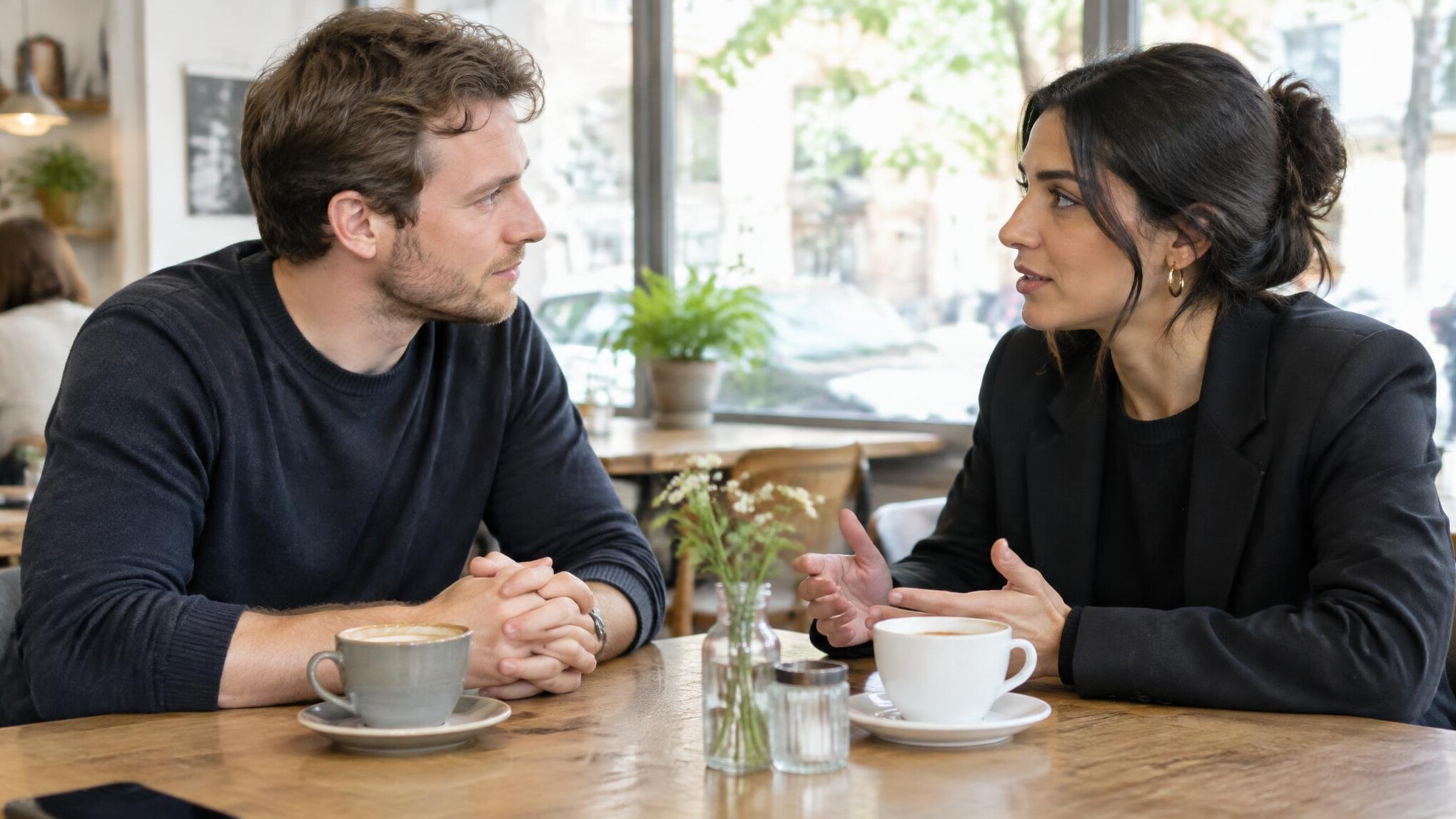 Two people in an attentive conversation at a table