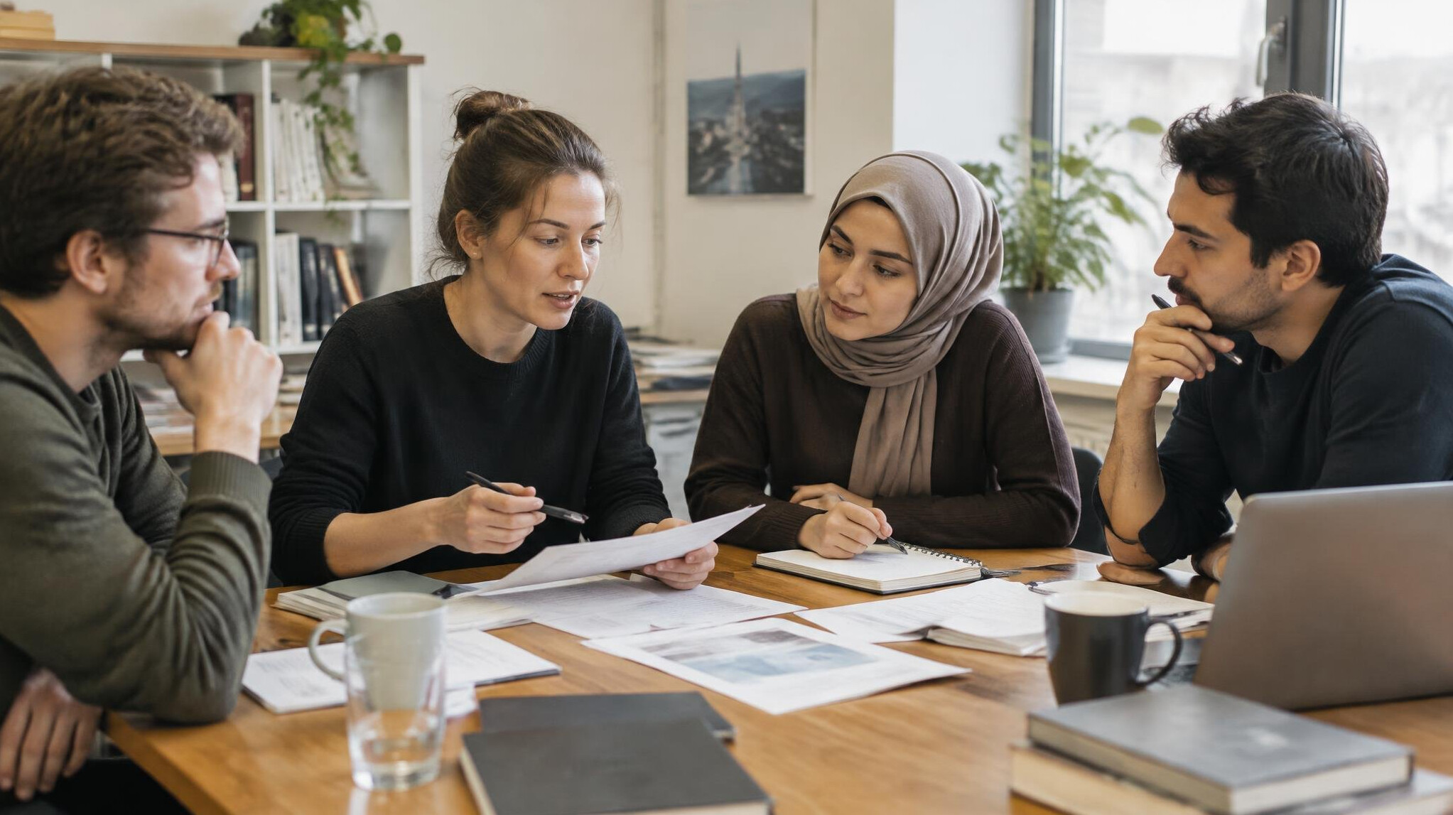 Team of researchers discussing around a table